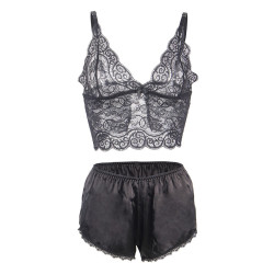 Subblime - 953911 Chemisier De Nuit En Soie Et Dentelle + Culotte Noire S/M